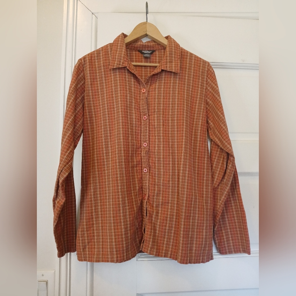 Woolrich Plaid Button Up Shirt Pink Brown Womens Sz. L Textured Knit Flannel
